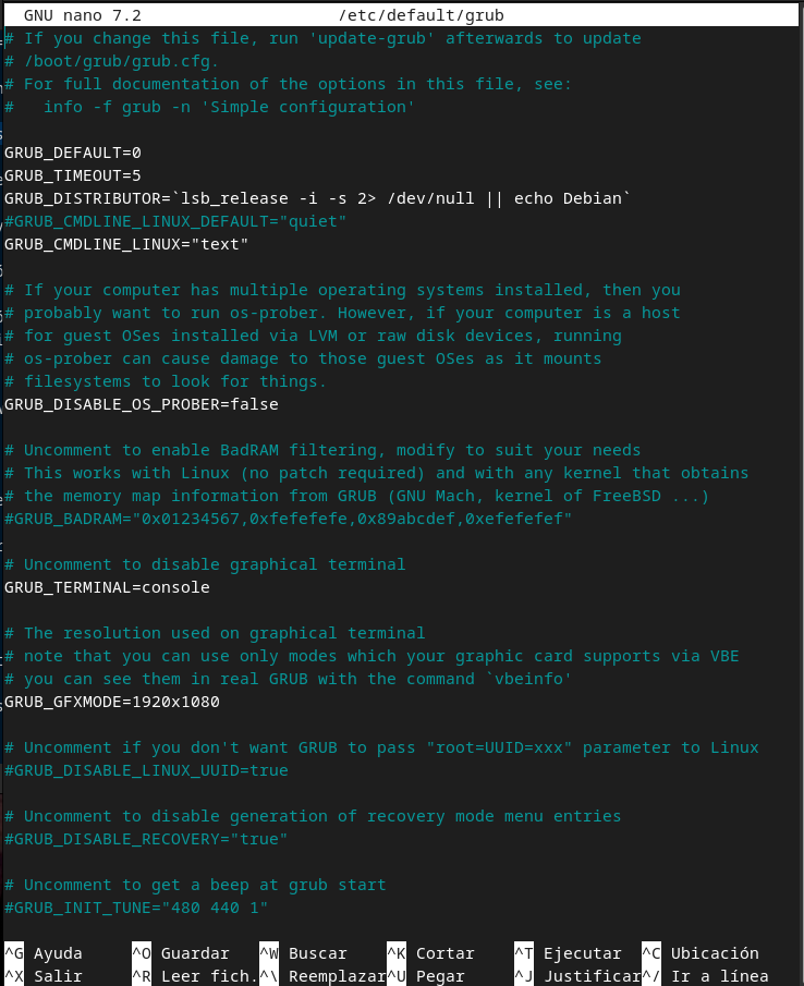 Archivo configuración del Grub Debian